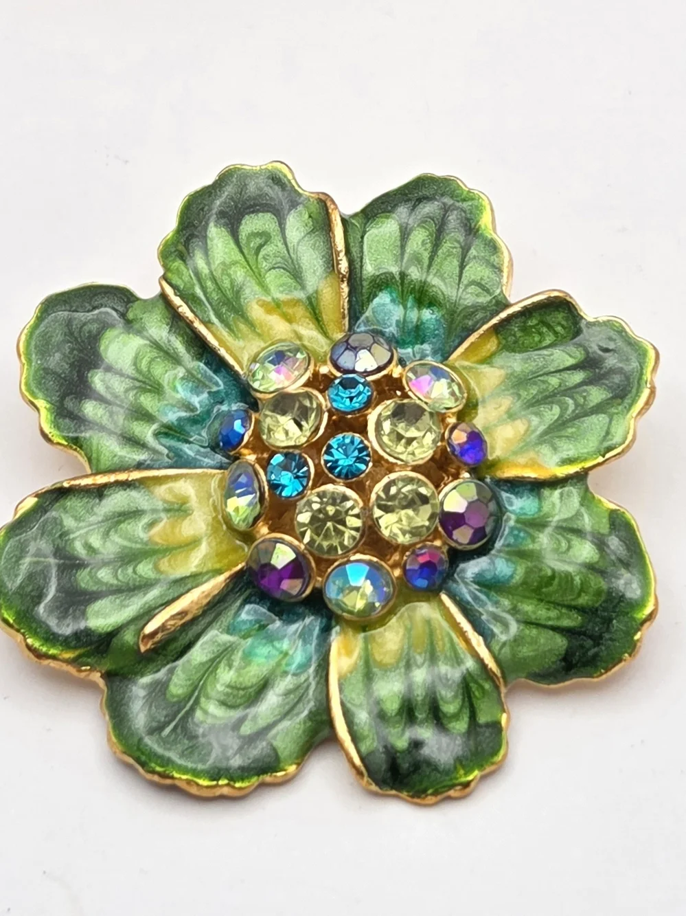 Vintage Enamel Green Flower Brooch AB Rhinestone Center Gold Tone Pin